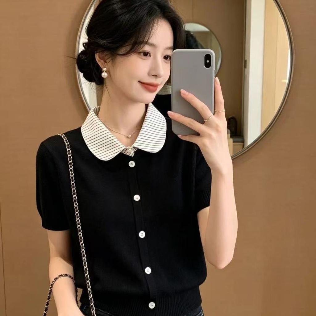 Baby Collar Knitted Cardigan Women's Summer Clothing - New Style Loose and Laid-back Style Outerwear, Top with Thin Short Sleeves, T-shirt Type Shirt