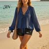 Skin-friendly Fabric Tops Women Chiffon Tops, Ruffle Splicing Collar V-Neck Blouse, Pure Color Loose Fit Summer Breathable Shirt Shirt, Lantern