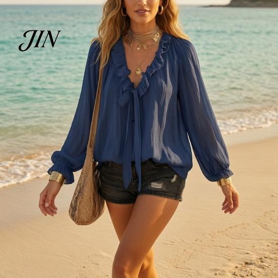 Skin-friendly Fabric Tops Women Chiffon Tops, Ruffle Splicing Collar V-Neck Blouse, Pure Color Loose Fit Summer Breathable Shirt Shirt, Lantern
