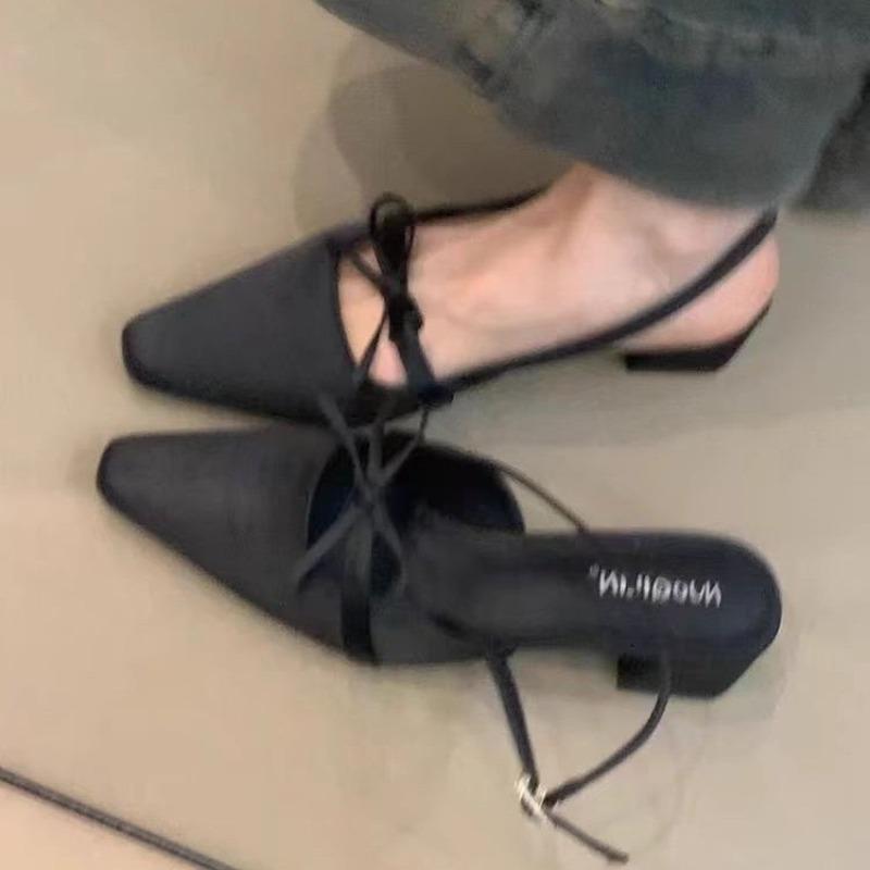 2025 Elegant Satin Butterfly Knot Head Cover Sandals Women's Pointed Toe Thick Heel One-Strap High Heels Backless Single Shoes