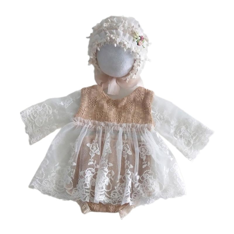 Baby Photography Props Lace Jumpsuits Bonnet Hat Newborns Photo Props Photoshoots Headwear Infant Photo Posing Outfit