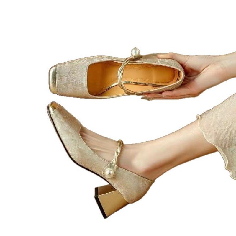 China Mary Jane High Heels Women's Single Shoes One Word with Thick Heels Single Shoes Splicing Single Shoes Women