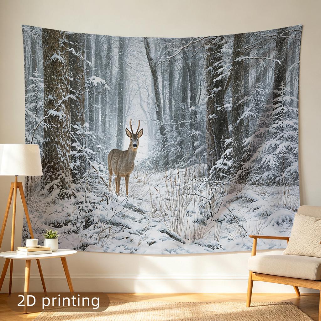 2D Flat - 1pc 2D Printed Tapestry, Large/Small Size, Deer Standing in Snowy Forest, Aesthetic Wall Decor, Home Decor, Non-Luminous, Suitable for Livin