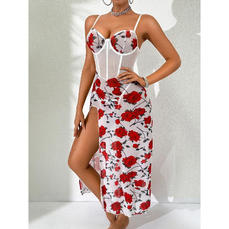 Women Exotic Sets Red Rose Print Sheer Mesh Corset Midi Lingerie Dress Spaghetti Strap High Slit Sexy Nightgown