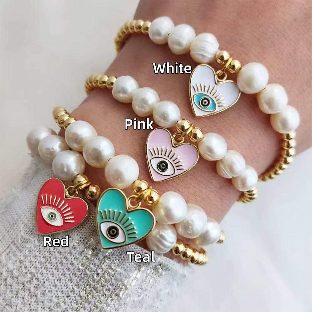 

Vlen Evil Eye Bracelet Heart Charm Natural Pearl Bracelets Gold Plated Beads Protection Boho Jewelry for Women Girls белый