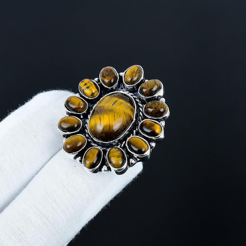 Natur Tigerauge Edelsteinring, 925 Sterlingsilber Ring, Geschenk für Sie, Ovaler Stein, Eleganter Handgefertigter Ring, Tigerauge Blume Silberring zum Verschenken