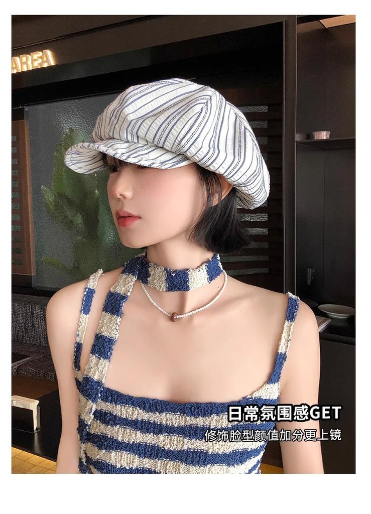 Vintage striped pleated beret women's spring summer niche irregular large head circumference showing face small sunscreen painter hat