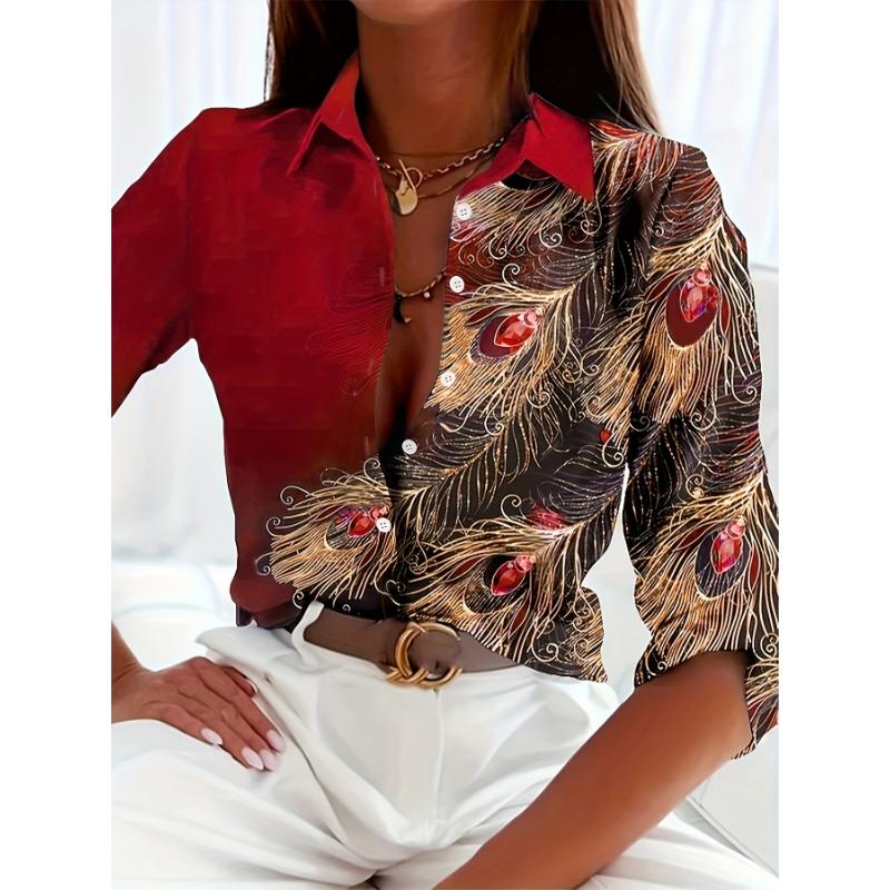 Fashion Women's Chain Flower Printed Shirt Women's Long Sleeve Tops Cotton Office Spring and Autumn Casual Loose Tops