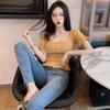 Women Summer Knitted T-shirt Tops Square Collar Short-sleeved Slim Ruffled Ice Silk Outer Wear Short Solid
