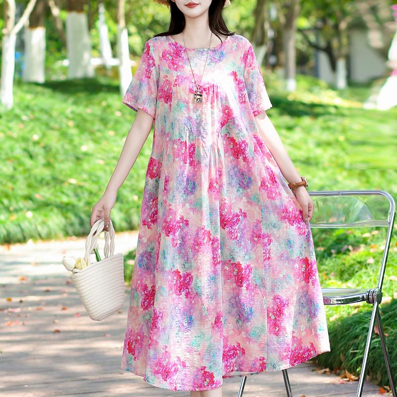 

Плюс Размер Элегантное Летнее Повседневное Платье для Женщин Винтажная Одежда Короткий Рукав Свободное Длинное Платье XL