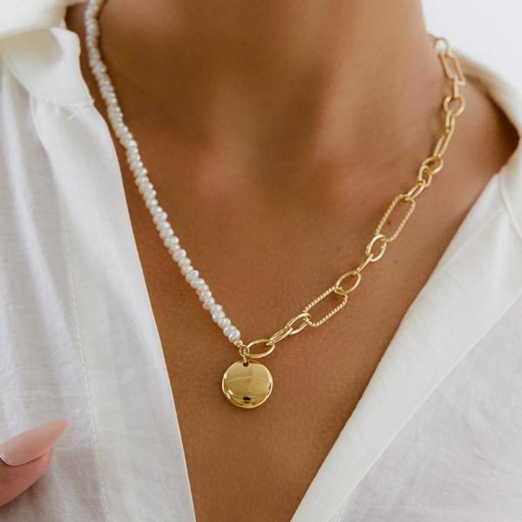 

[POPTS] Half Pearl Earth Chain Coin Necklace OTN222509PYW Basic (photo color)