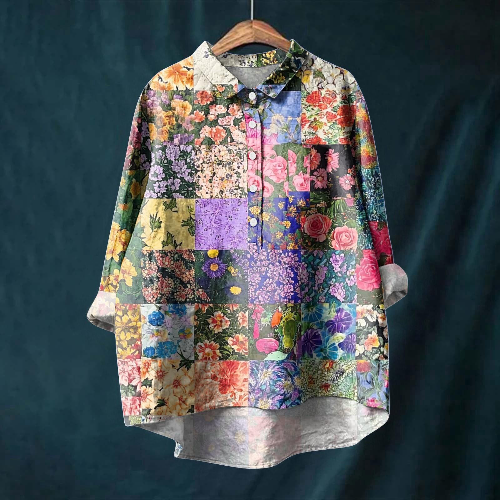 

Женская рубашка с длинным рукавом на пуговицах, ретро геометрический принт, повседневный неровный подол, рубашечный воротник, топ XXL