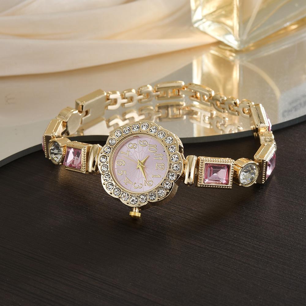 

Женские браслетные часы Дамские круглые часы с инкрустацией стразами Кварцевые наручные часы розовый