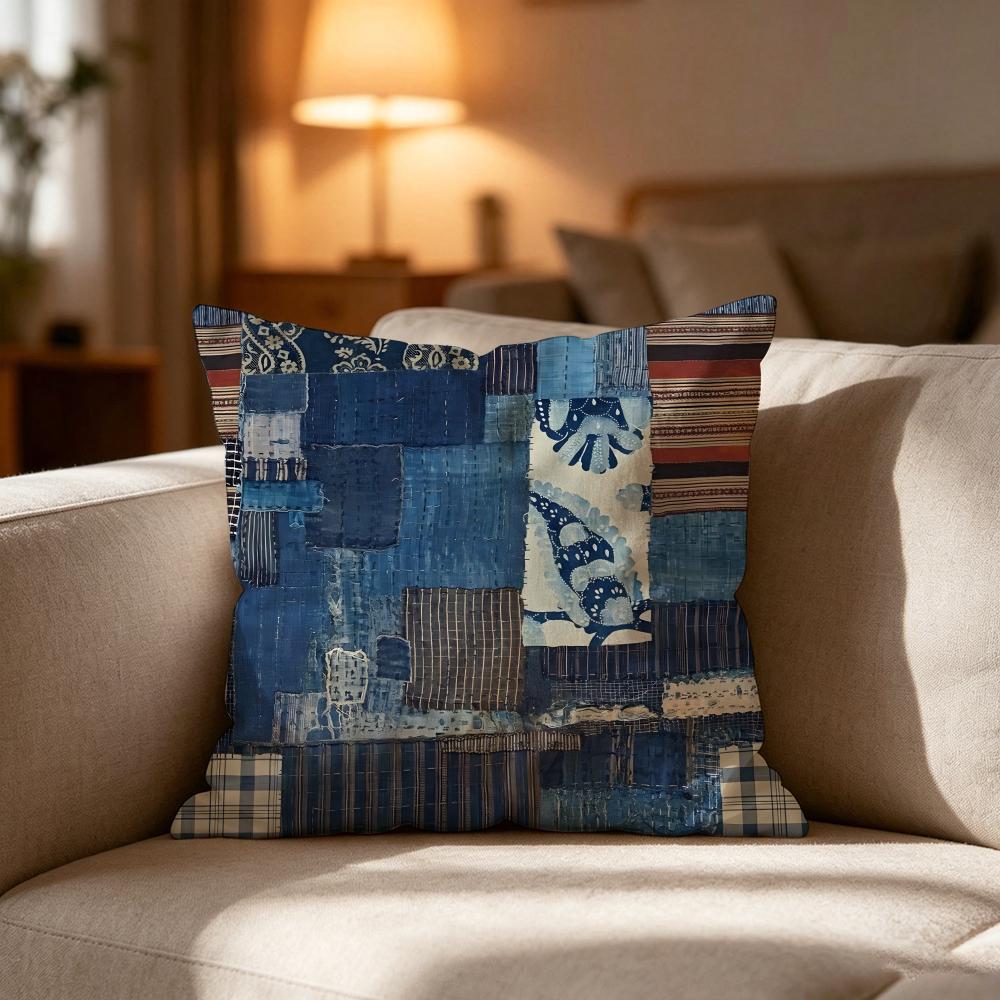 Denim Patchwork Print Cushion Cover Cushion Cover Soft Washable Pillow Case Multi-Scene For Couch Bed Travel Office Use