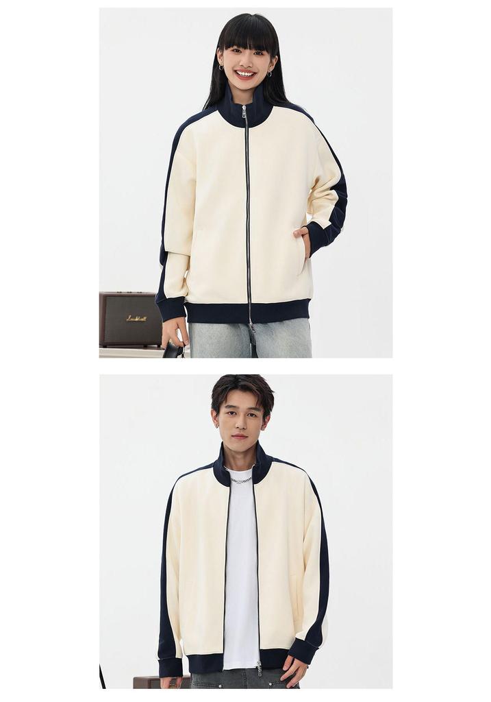 Autumn/Winter Stand Collar Color Block Jacket: Women's Casual Heavyweight 380g Loose Zipper Cardigan Hoodie, Unisex.