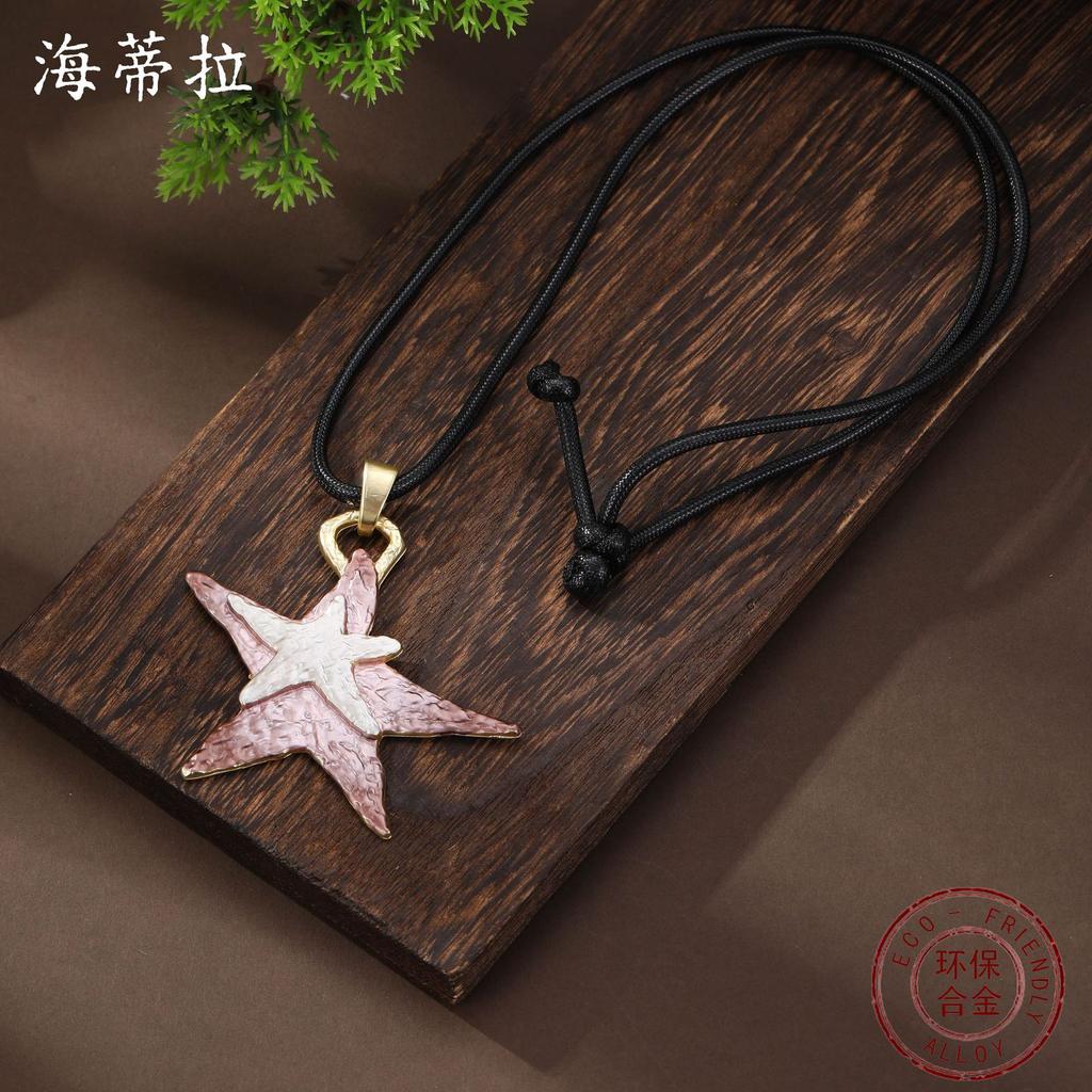 New Gradual Change Enamel Color Pentagram Leather Rope Long Pendant Women's High Sense Star Long Necklace