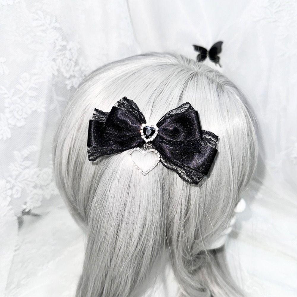 1/2Pc Heart Pendant Lace Bow Hair Clips Y2k Style Ponytail Hairpins Kawaii Gothic Hair Clips Anime