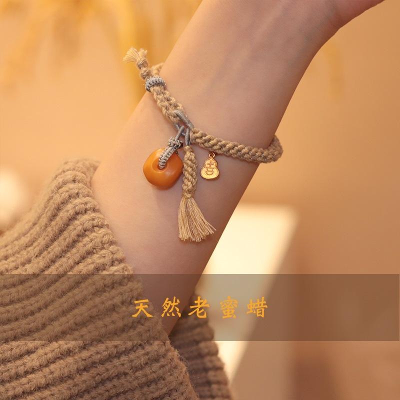 Orange Dream Mountain Old Amber Pendant Tassel Gourd Woven Bracelet Fashionable Elegant Ethnic Style Hand Rope