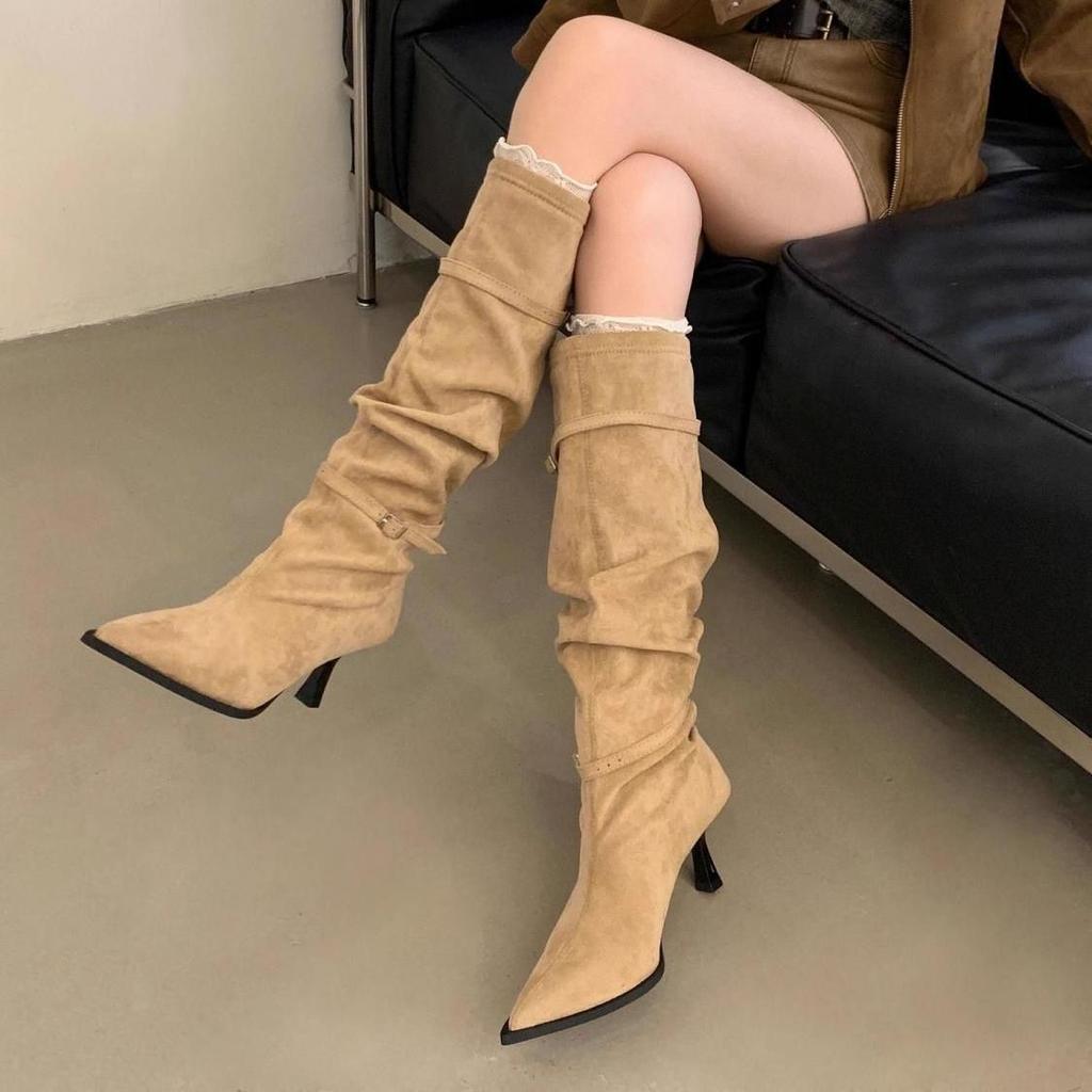 Pleated Pile Boots Belt Buckle High Heel Boots 2025 Autumn and Winter New French Fashion Pointed Suede Boots Women