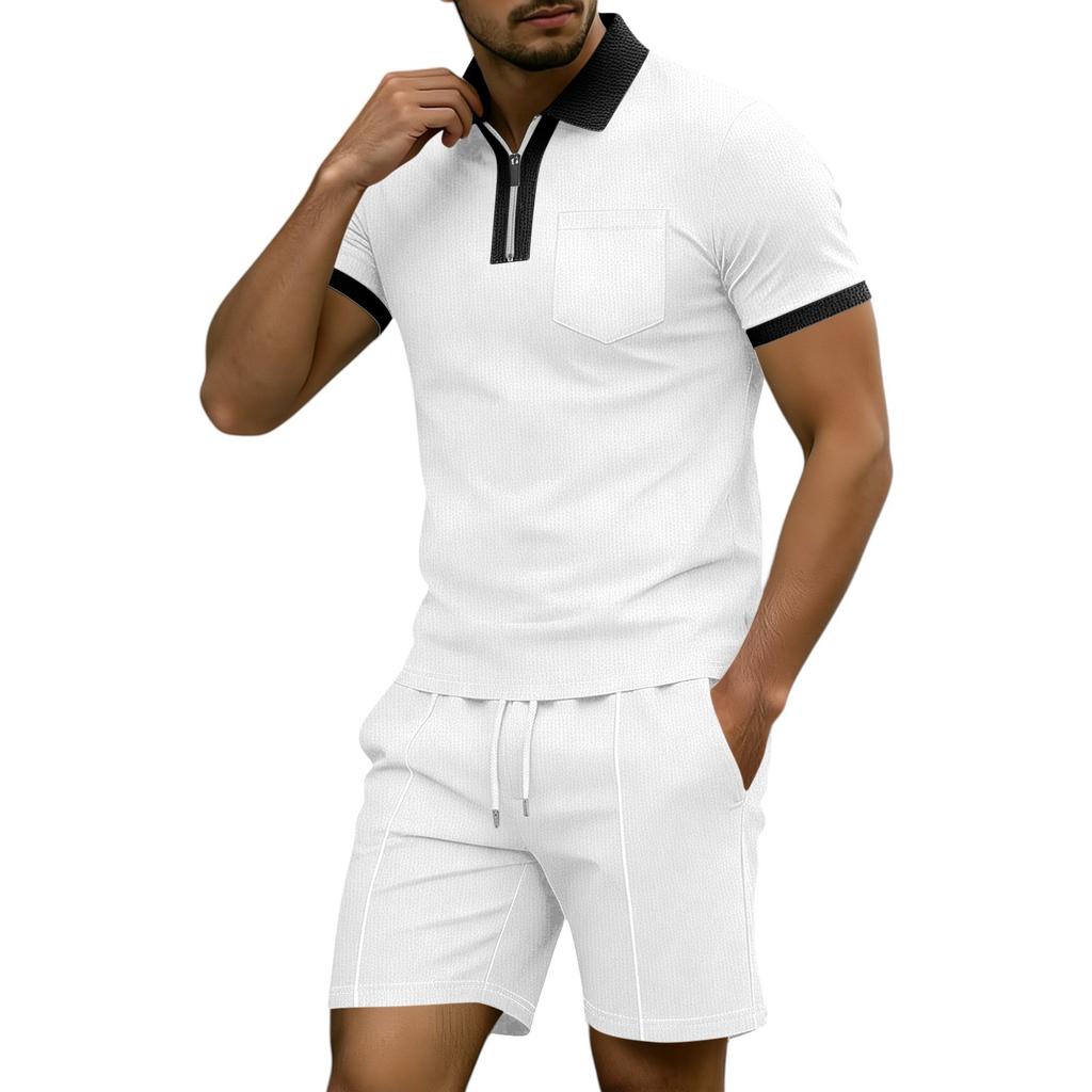 Men's Summer Casual Color-Blocked Shirt With Lapel And Pockets And Half-Zip, Shorts Two-Piece Set