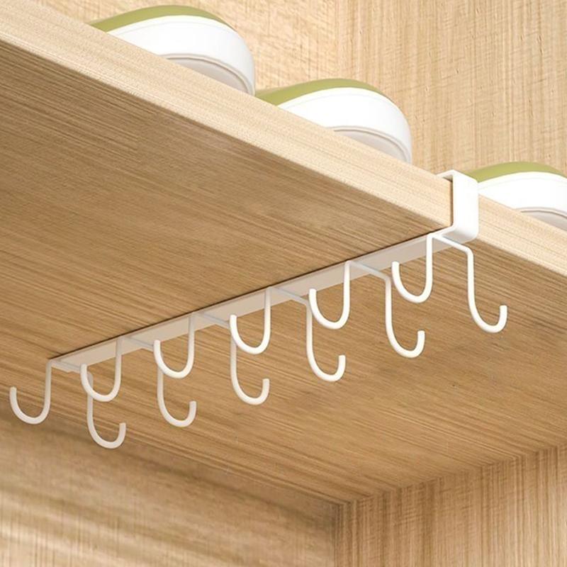 Multifunctional Double-Row Storage Hook Wardrobe Cabinet Metal Shelves Hanging Hooks Punch-Free Hanging Cup Holder Kitchen Tool
