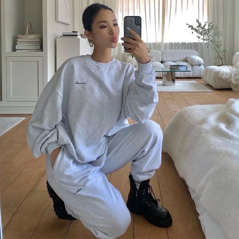High Quality! Fashion Embroider Letters Sweatshirt + Sweatpants Sports Suit Women's Autumn and Winter Loose Large Design Hoodie Cotton