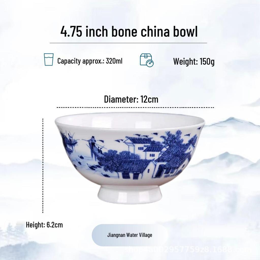 Blue and White High-Foot Bone China Noodle Bowl - Chinese-Style, Anti-Scald, Customizable for Birthdays