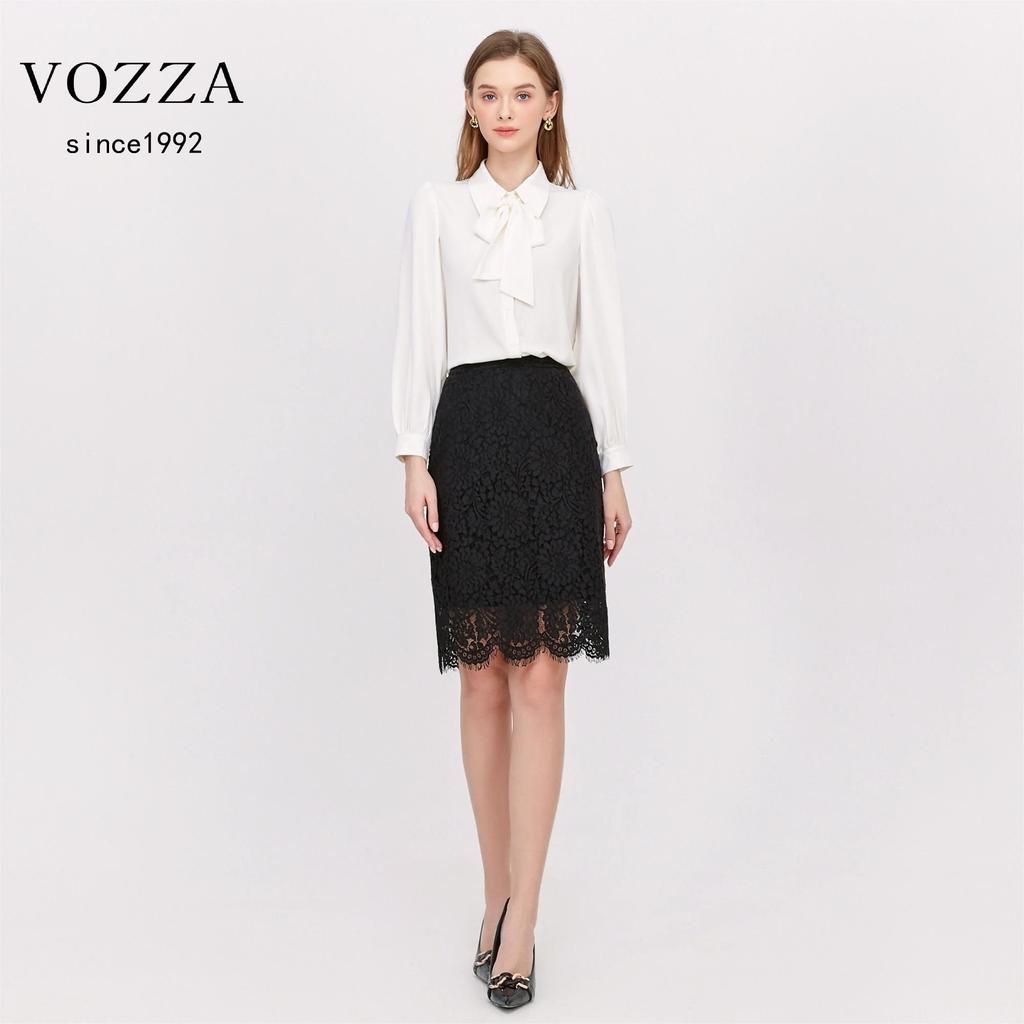 VOZZA Chiffon Blouse with Detachable Ribbon Solid Suitable for Job Entrance Shirt Women's Tie, No-Iron, Color, Office, Hunting, Recruitment, Ceremony,