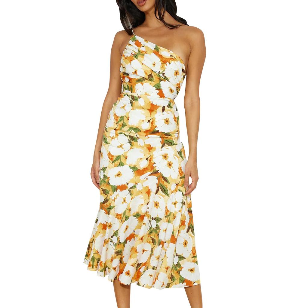 Stylish Slant Neck Strap Fishtail Print Dress