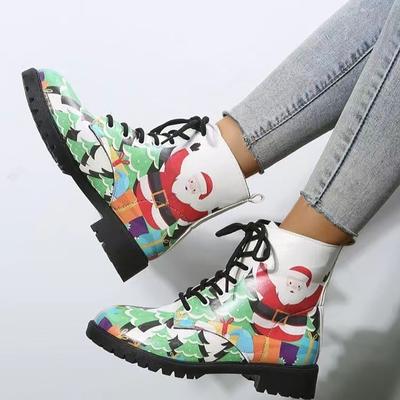 Women Ankle Boots Autumn And Winter Christmas Products Santa Print Lace Up Comfortable Square Heel Round Womens Open Toe Boots