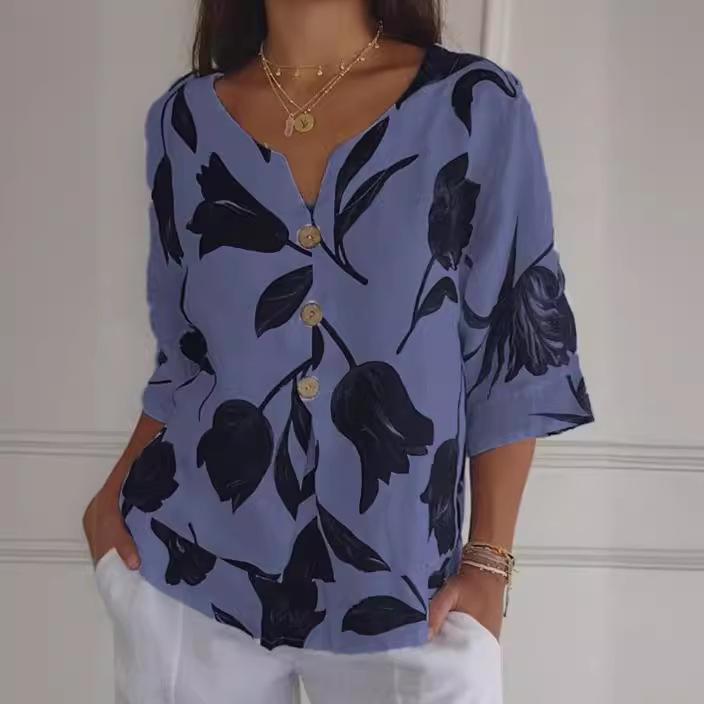GMXIA Printed Cotton and Linen V-neck Short-sleeved Pullover Shirt