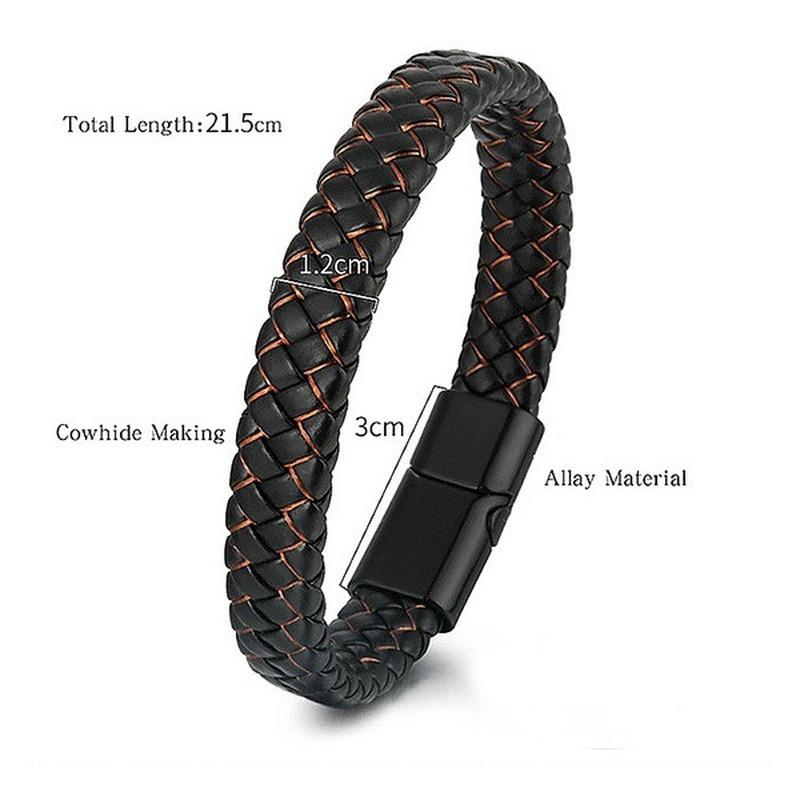 Männer Echtes Leder Armband Armreif Schwarz Geflochtenes Armband Edelstahl Magnetische Verschlüsse Handgelenk Band Männliche Armband Zubehör