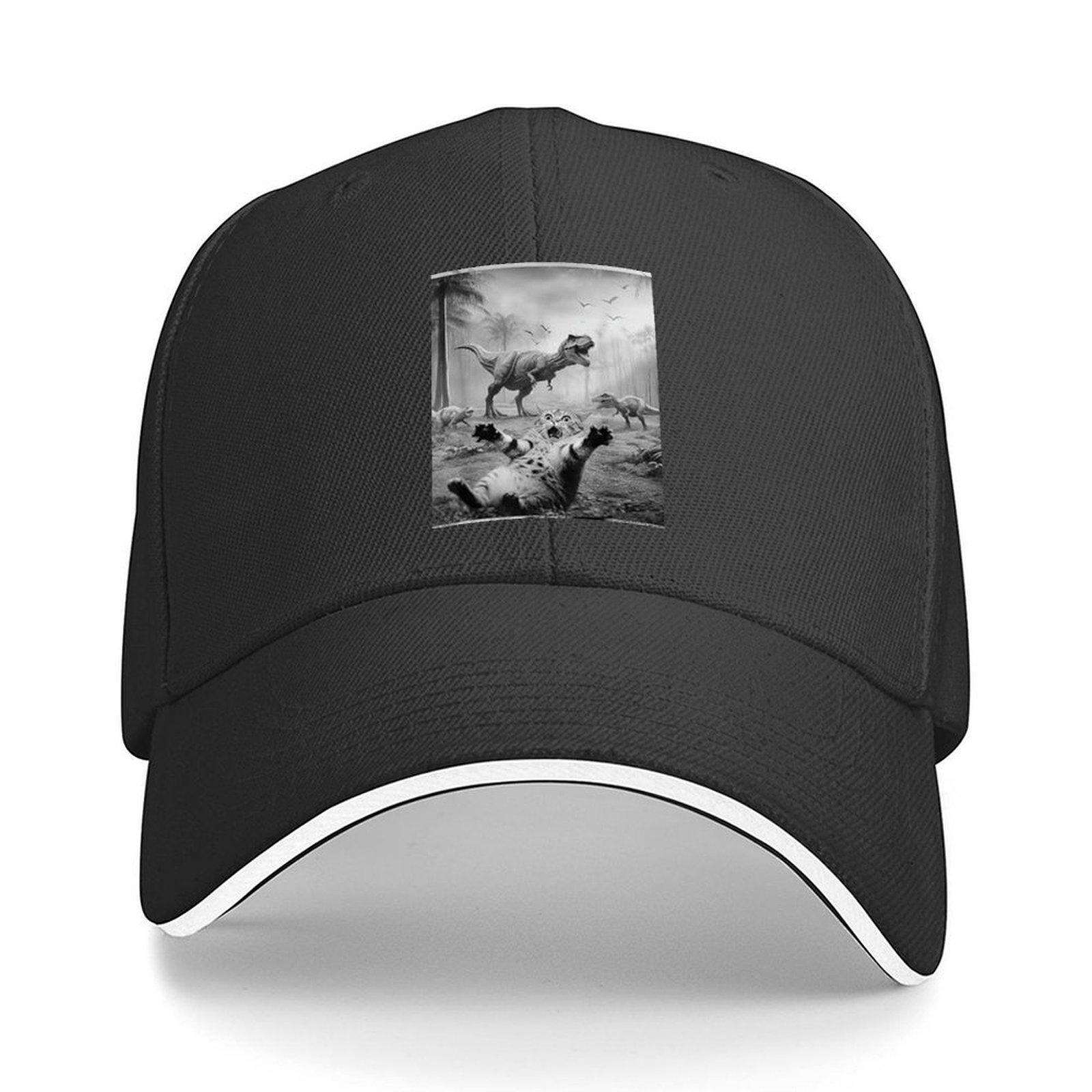 Funny Cat Selfie T-Rex Baseball Cap - Adjustable, Sun Protection, Urban Style, Black with Colorful Print, Ideal Gift Adjustable
