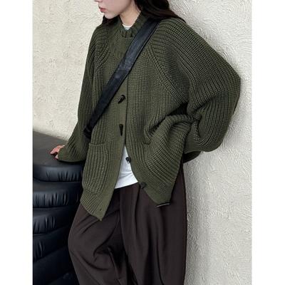 French-style Chunky Knit Vintage Lazy Cardigan Sweater Women Autumn Winter Toggle Button Casual Versatile Jackets