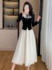 French Retro Style Velvet Layered Dress for Spring and Autumn