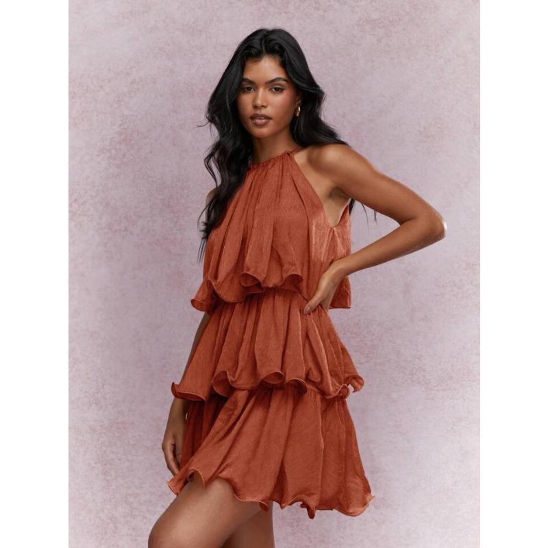Vestido de Verano Nuevo Cuello Sin Mangas Tul de Gama Alta Borde con Volantes Temperamento Elegante