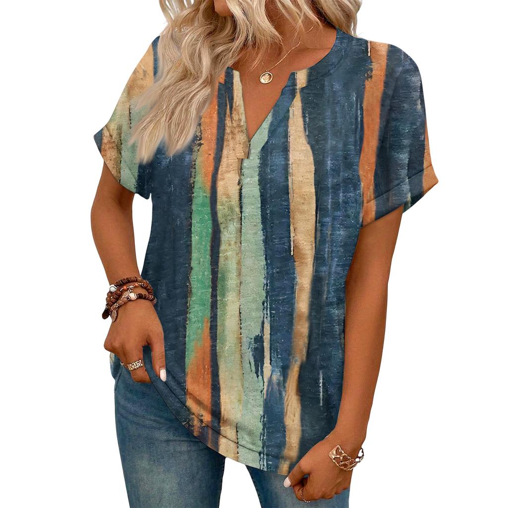 Stylish Women's Casual V-neck Short-sleeved Retro Print T-shirt