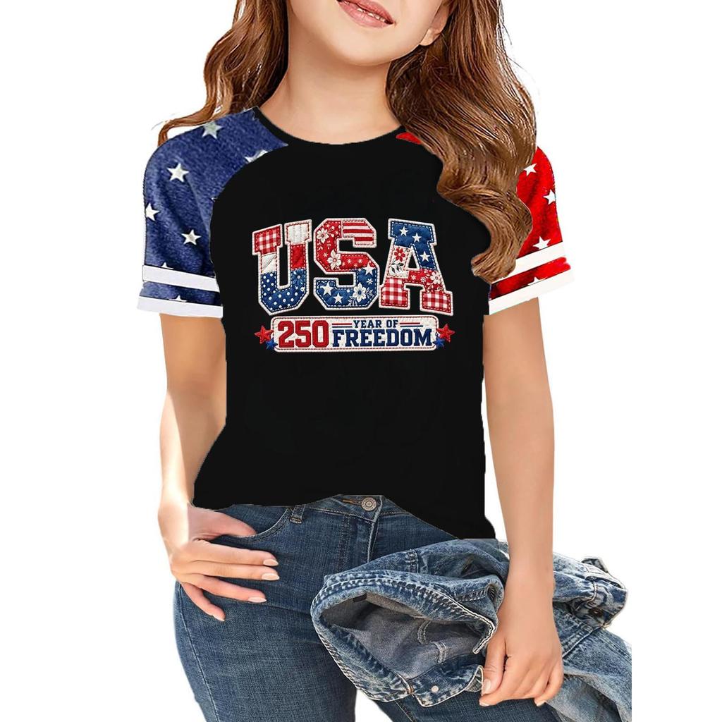 Kids Independence Day Graphic T Shirt Short Sleeve Crew Neck Casual Tee Patriotic Print Lightweight Soft Fabric