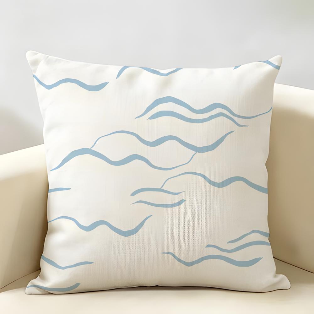 Nordic Style Geometric Blue Pattern Cushion Cover Natural Linen Organic Fabric Printing Breathable Perfect For Home Decor