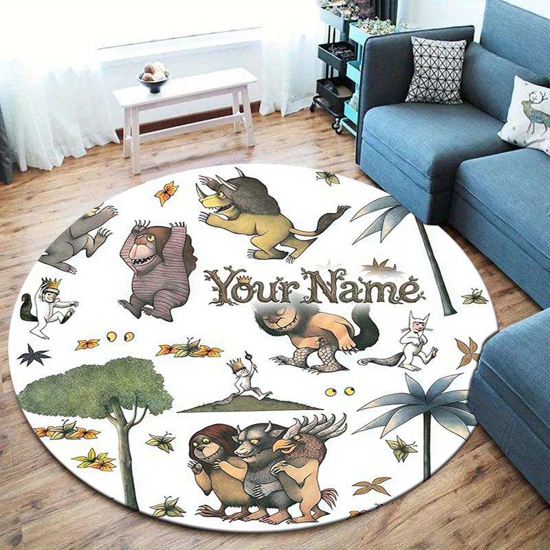 Cat Adventure Custom Name Round Area Rug Carpet Rug For Living Room Bedroom Sofa Playroom Decor Nonslip Floor Mat