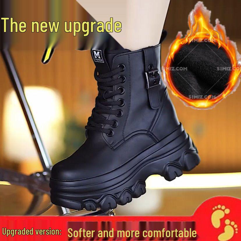 Genuine Leather Height-Boosting Women's Ankle Boots - Thick Sole, Non-Slip, Warm, Plus Velvet Lining for Autumn/Winter