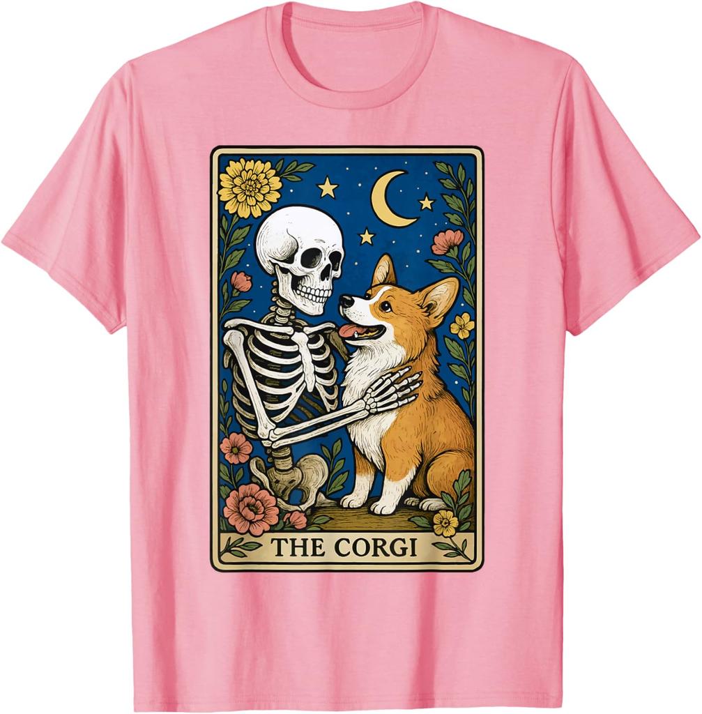 The Corgi Skeleton Tarot Card Graphic Print Cotton Round Neck Casual T-Shirt Men