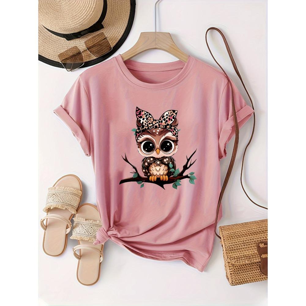 Women Cotton Short Sleeves T-shirts Leopard Bow Owl Women's Tee Cute Animal Graphic Casual Everyday Top