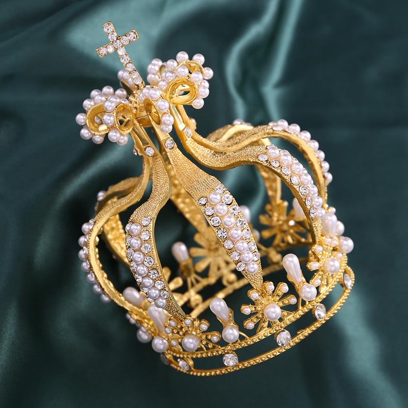 Baroque Bridal Jewelry Rhinestone Pearls Cross Crown for Party Cake Flowers Tiaras Decoration Birthday Diadem Ornaments