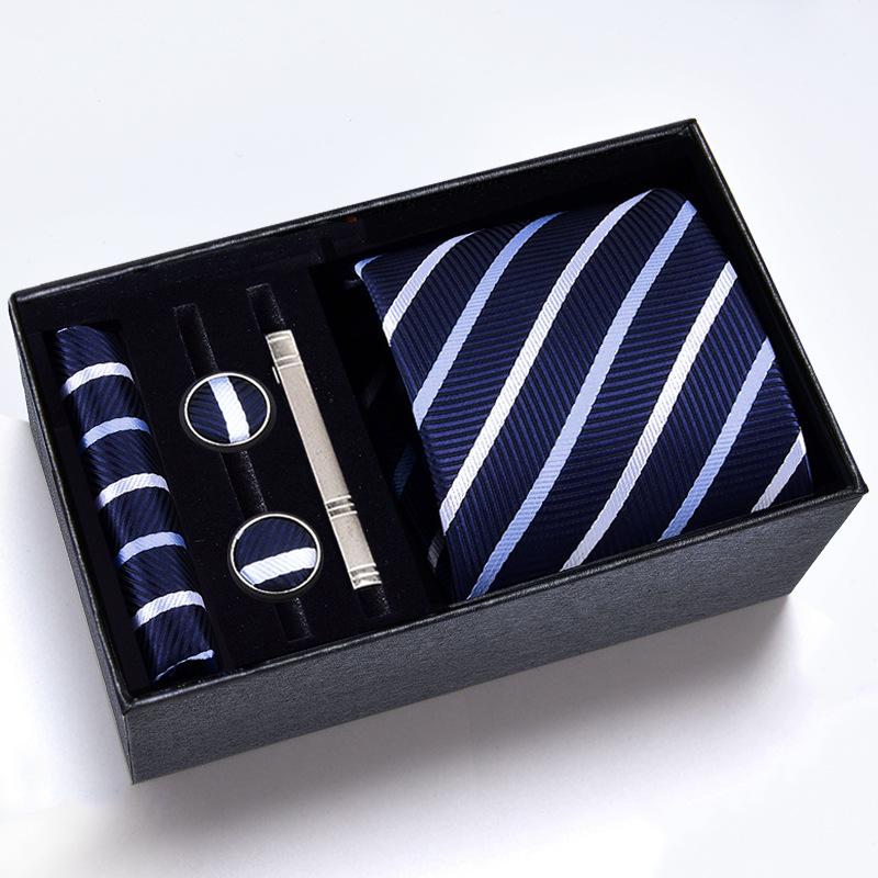 Men's Formal Tie Gift Box: Five-Piece Set with Logo, 8cm Striped Black for Weddings and Business 