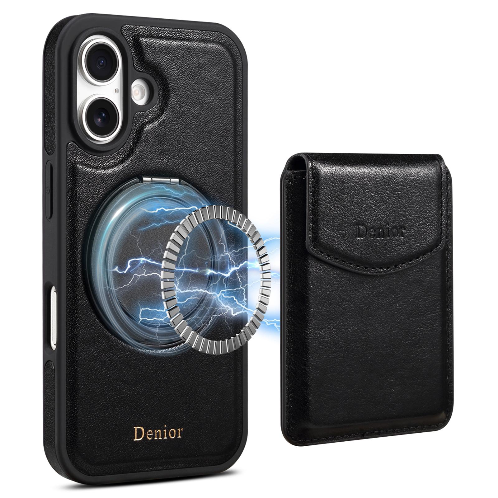 

DENIOR D22 For iPhone 16 Case Detachable Card Bag Rotary Kickstand Genuine Cow Leather Phone Back Cover Black