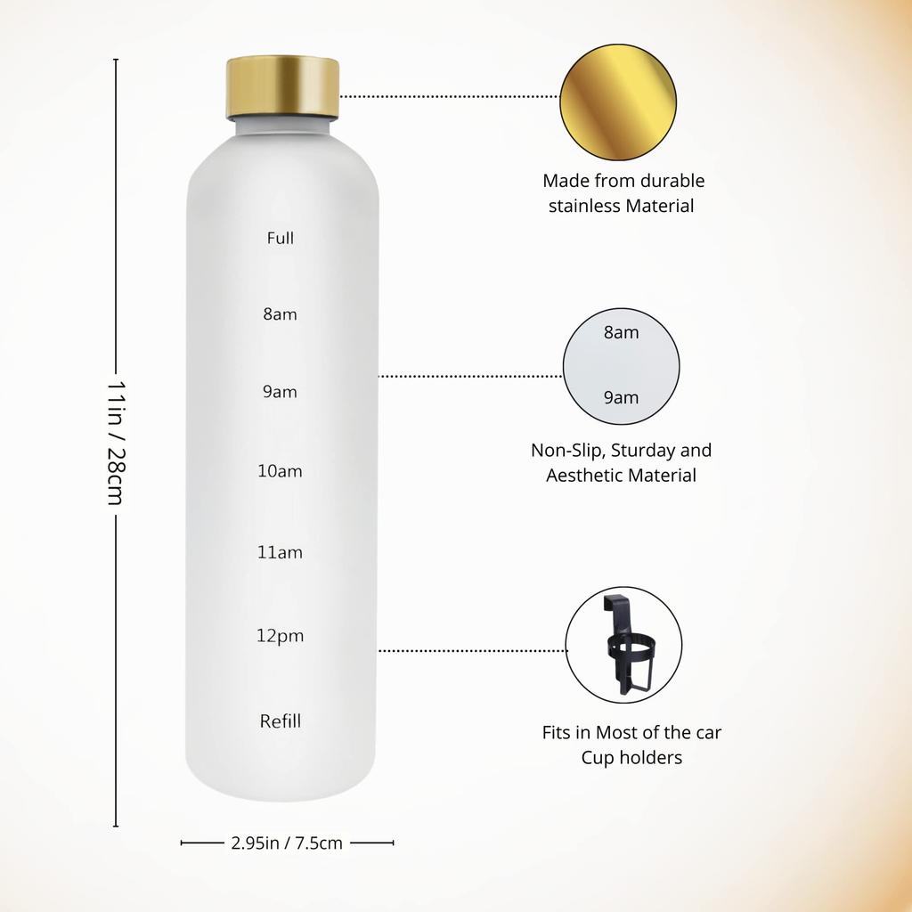 Healthywish Water Bottle with Time Marker, 1 Liter, 1000ml, Slim and Stylish, Clear Water Bottle (White)