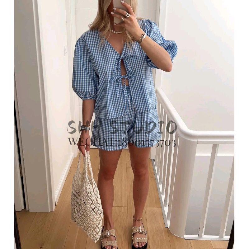 Spring New French Sweet Fashion V-neck Puff Sleeve Plaid Knotted Tops High Waist Casual Shorts