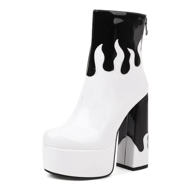

Червоне полум я змішаного кольору платформа ботильйони жіночі високі масивні підбори рожеві білі вечірні жіночі осінь зима панк блискавка короткі ботильйони 40 білий