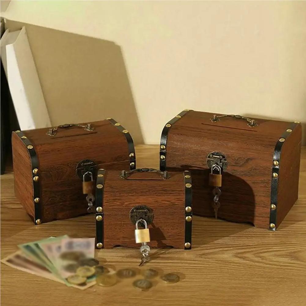 14.5*10*9.5cm Wooden Money Box With Lock And Key Secure Wood Piggy Bank For Saving Money Home Storage Boxes Bins Accessories